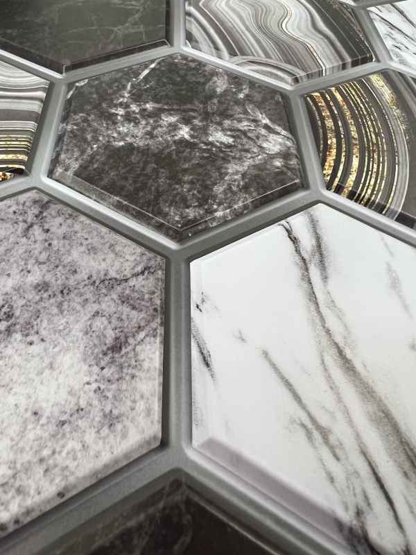 3D obklad šestihran Patchwork Mramor černo-bílý (30x30cm) 4ks samolepící 