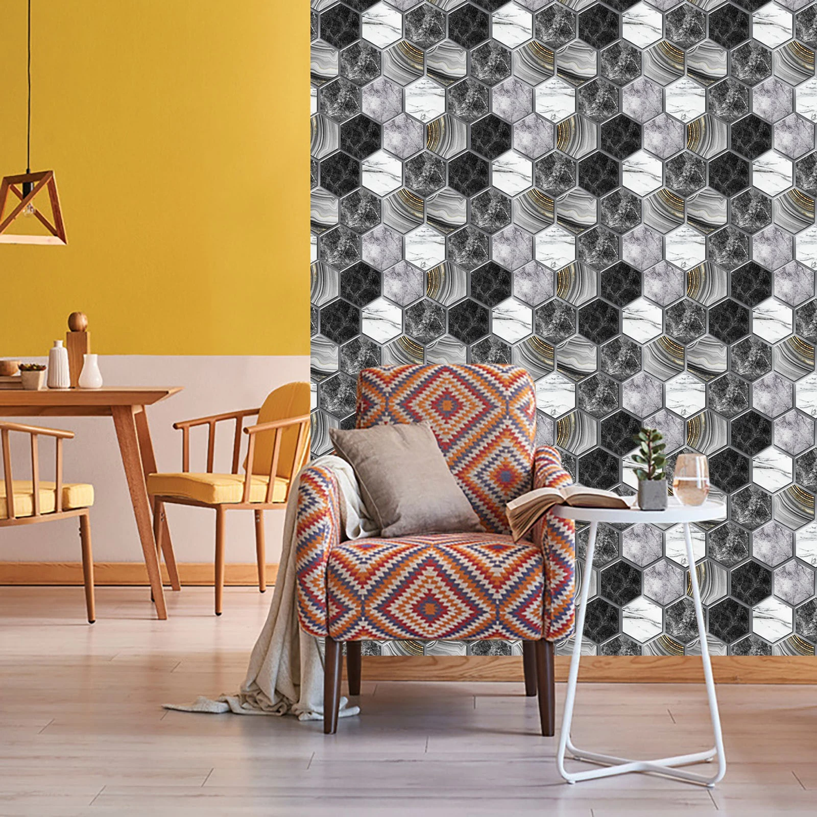 3D obklad šestihran Patchwork Mramor černo-bílý (30x30cm) 4ks samolepící 