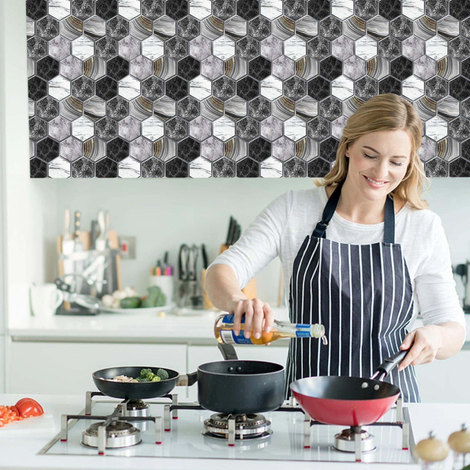 3D obklad šestihran Patchwork Mramor černo-bílý (30x30cm) 4ks samolepící 