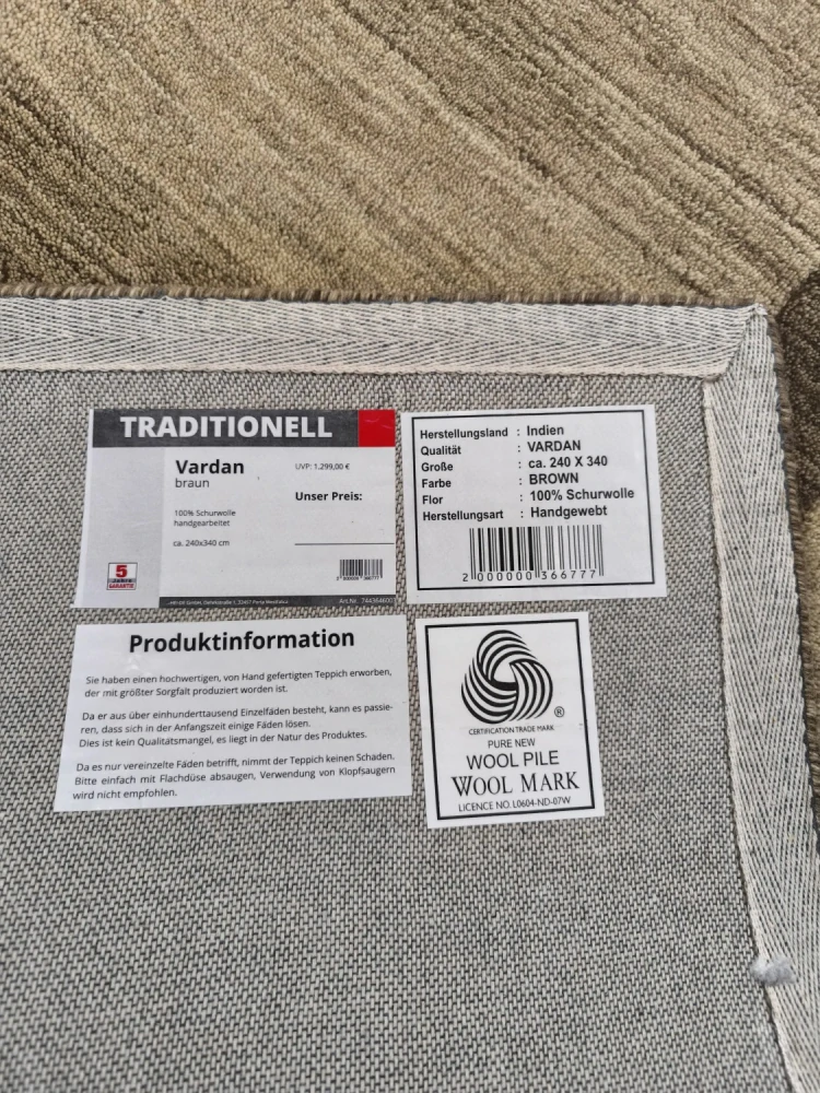 Ručně tkaný vlněný koberec Traditionell Vardan 240x340cm – severský vzor 100% střižní vlna brown